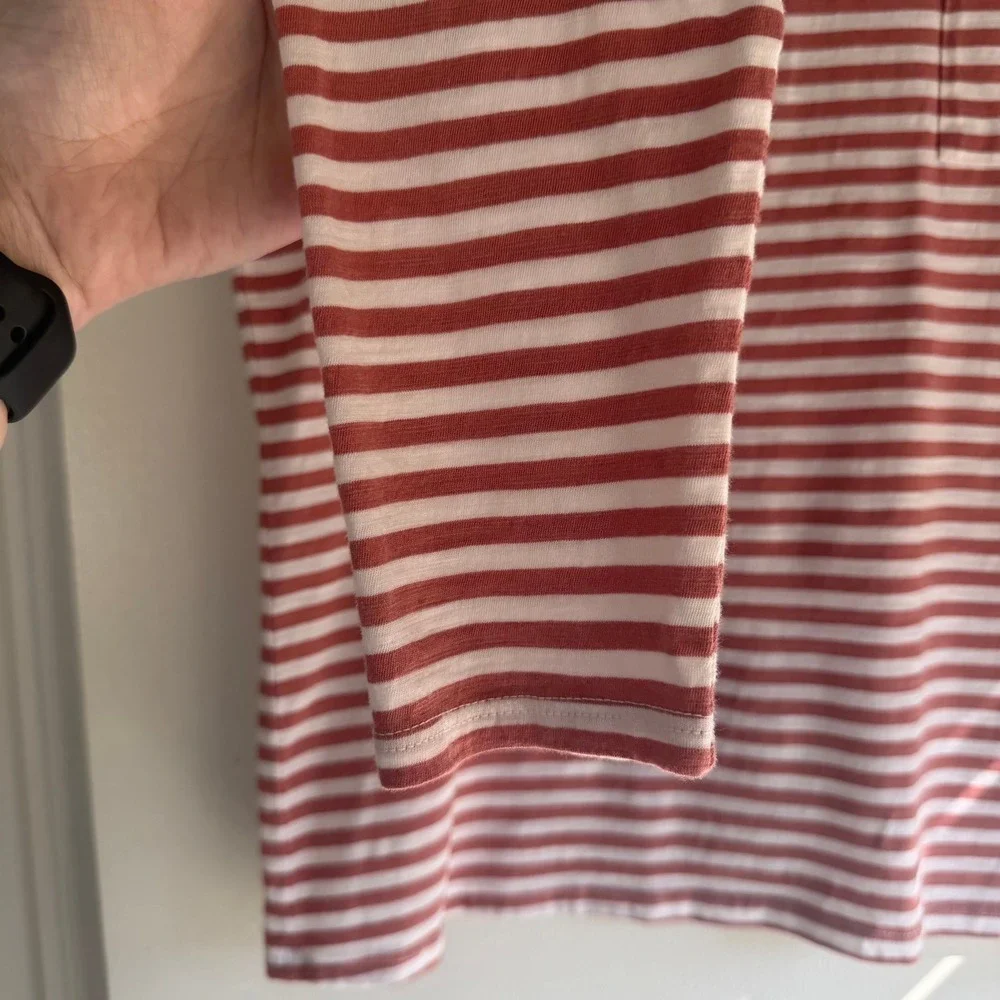 Garnet Hill Organic Pima Cotton Striped Mock Neck Pocket Tee Rust White XS